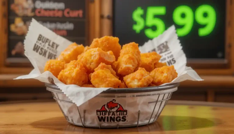 Buffalo Wild Wings cheese curds price with dipping sauce in branded basket, menu showing price of $5.99.