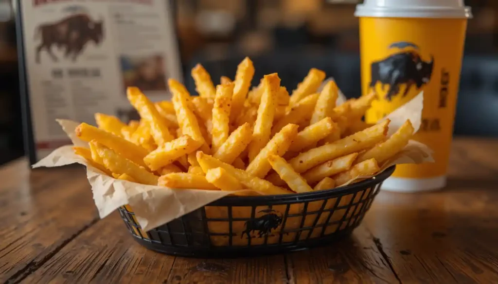 "Buffalo Wild Wings French fries in branded basket with logo, served with ranch dipping sauce on a restaurant table"