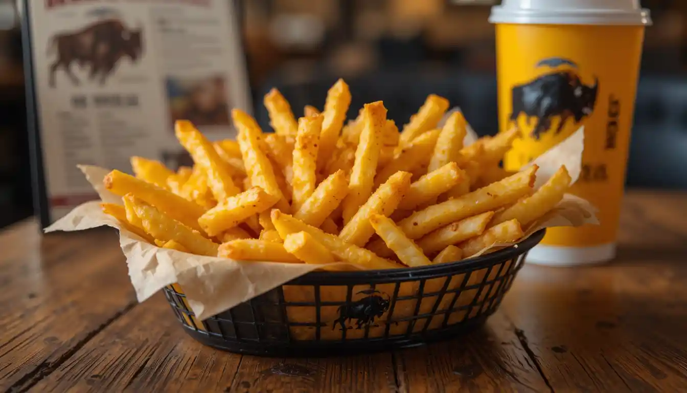 Buffalo Wild Wings French Fries | Sizes, Prices, Calories 1 "Buffalo Wild Wings French fries in branded basket with logo, served with ranch dipping sauce on a restaurant table"