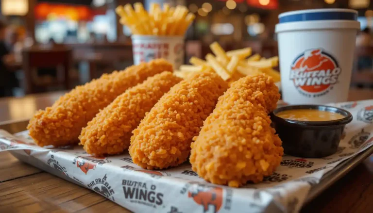 Buffalo Wild Wings Hand-Breaded Tenders served hot with dipping sauces in branded packaging inside a lively sports bar restaurant.