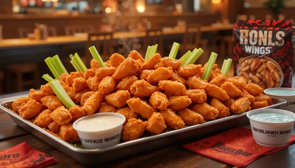 Buffalo Wild Wings Party Boneless Wings served in assorted sauces with dips and sides, presented in branded catering packaging for game-day or group events.
