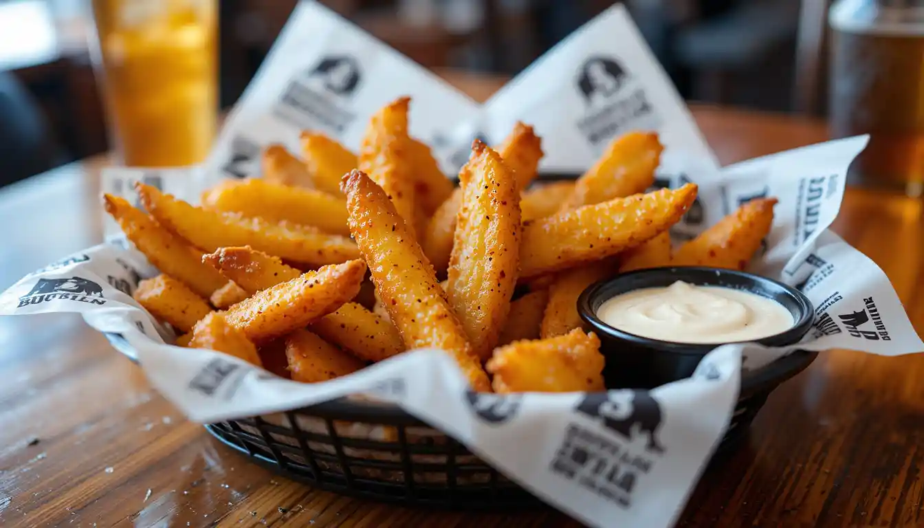 Buffalo Wild Wings Potato Wedges | Prices & Calories 2025 1 Crispy Buffalo Wild Wings potato wedges served with ranch dipping sauce on a branded tray.