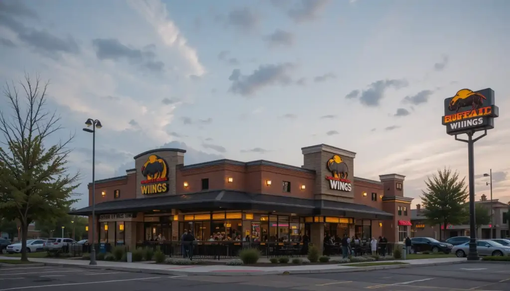 Exterior view of a Buffalo Wild Wings Net worth restaurant with branded signage, yellow and black color scheme, and welcoming entrance.