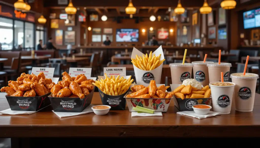 Buffalo Wild Wings sizes for traditional wings, boneless wings, fries, and drinks displayed in branded packaging inside a lively sports bar setting.
