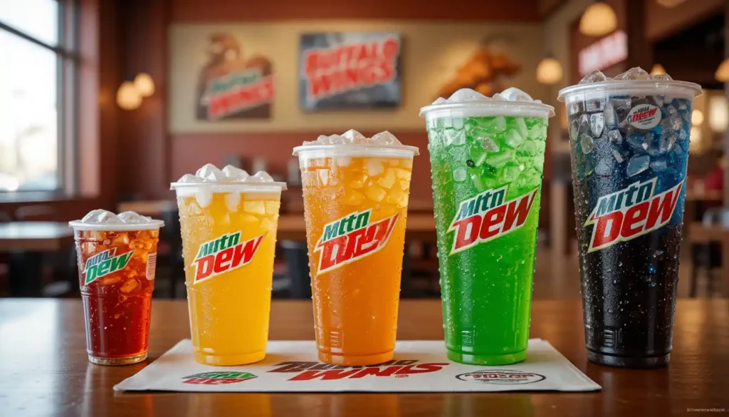 Buffalo Wild Wings drink sizes including small, medium, and large fountain cups displayed in branded packaging inside a casual restaurant setting.