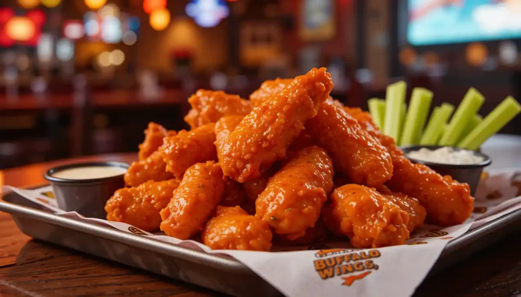 Buffalo Wild Wings Golden Fire Boneless Wings coated in spicy golden sauce, served hot with dipping sauces in branded packaging inside a lively sports bar.