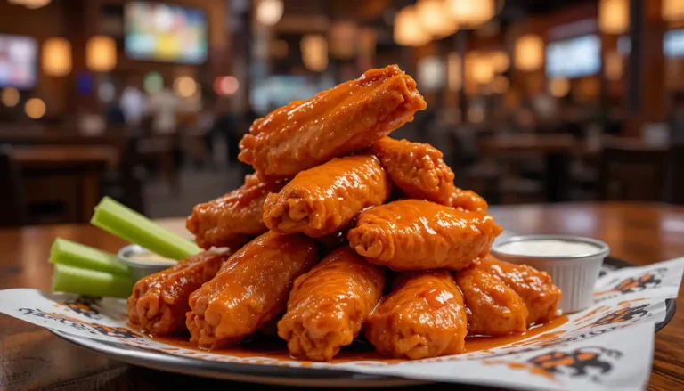 Buffalo Wild Wings Golden Fire Traditional Wings coated in golden spicy sauce, served with dipping sauces in branded packaging inside a vibrant sports bar.