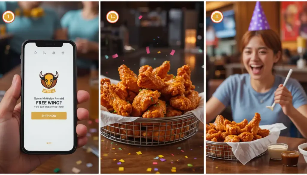 Step-by-step process of claiming Buffalo Wild Wings birthday free wings reward through app and dining