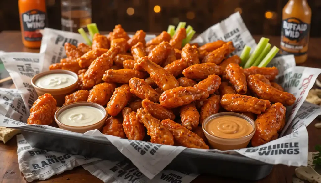 Buffalo Wild Wings Party Traditional Wings in assorted sauces with dips and sides, served in branded catering packaging for group or game-day events.