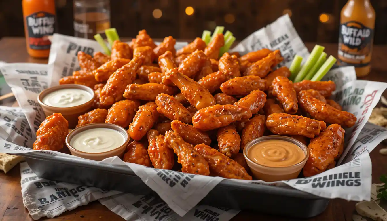 Party Traditional Wings – Game Day Ready | Updated 2025 1 Buffalo Wild Wings Party Traditional Wings in assorted sauces with dips and sides, served in branded catering packaging for group or game-day events.