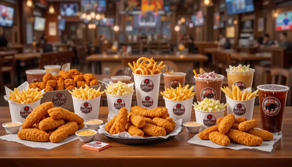Sides, Combos & Tenders in various sizes with fries, sauces, and drinks, served in branded packaging inside a Buffalo Wild Wings sports bar.
