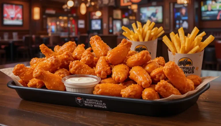 Buffalo Wild Wings Traditional and Boneless Combo with assorted sauces, dipping cups, and fries served in branded packaging inside a vibrant sports bar.