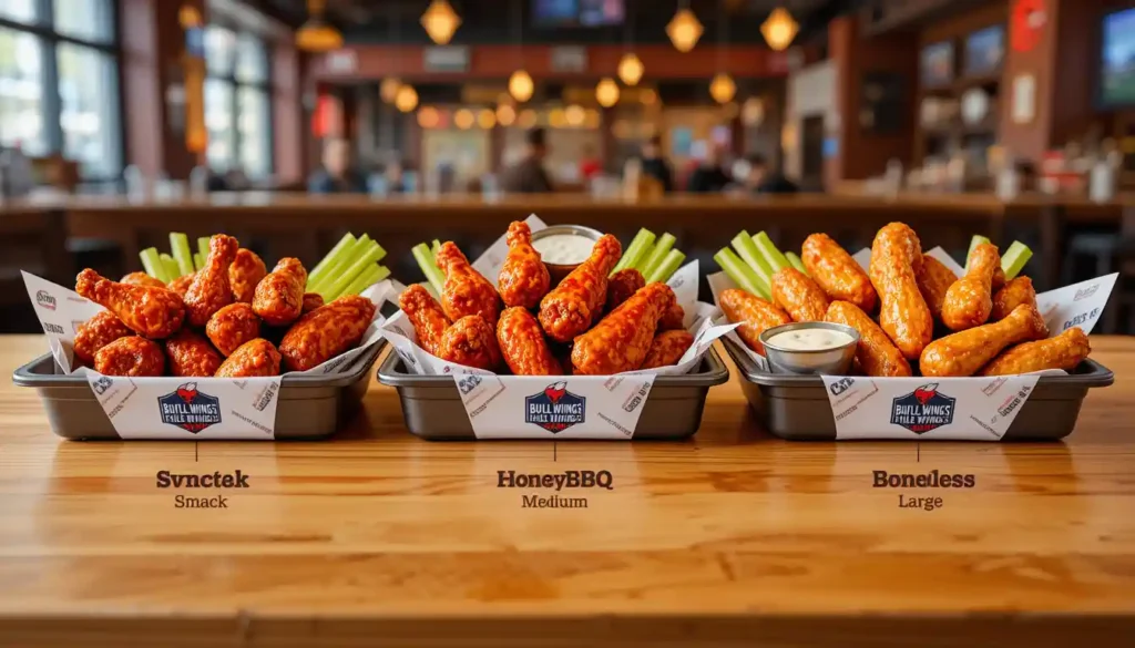 Wing sizes including snack, small, medium, and large portions of traditional and boneless wings served with sauces in branded packaging inside a sports bar.