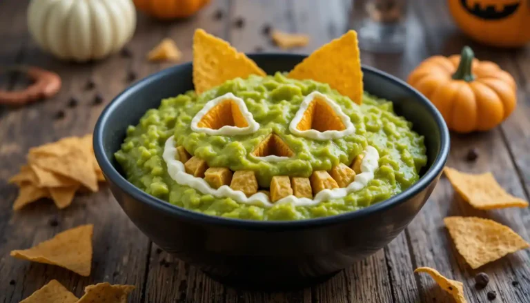 Halloween guacamole decorated as a jack-o’-lantern face with tortilla chips and sour cream, served in a black bowl.