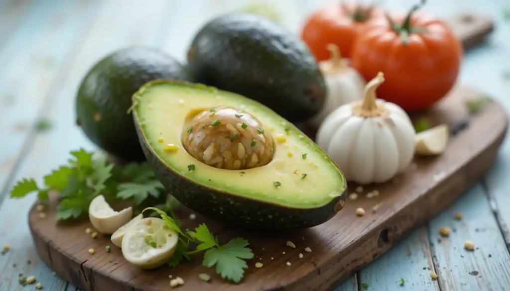 Fresh avocados, lime, garlic, and cilantro displayed on a wooden board showing the health benefits of guacamole.