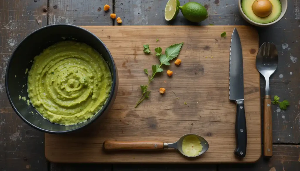Kitchen tools including a mixing bowl, fork, cutting board, and knife used for preparing Halloween guacamole.