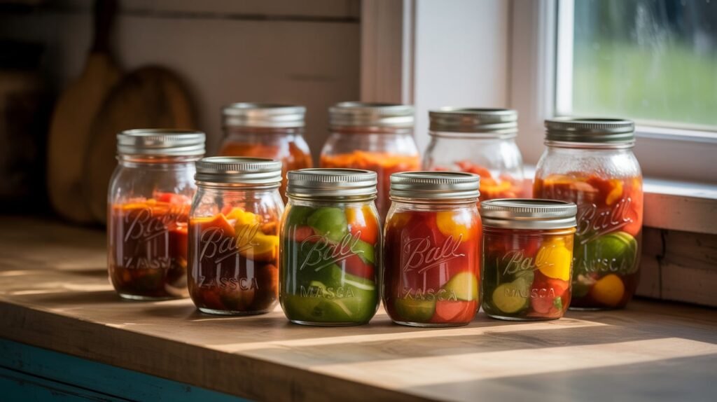 Glass jars filled with homemade Zacusca spread on a wooden surface, prepared for long-term storage.