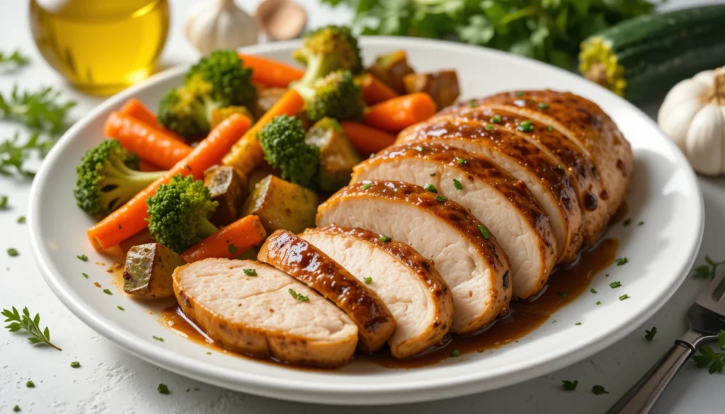 Sliced baked balsamic chicken breast served with roasted vegetables, showcasing lean protein, antioxidants, and heart-healthy benefits in a balanced nutritious meal.
