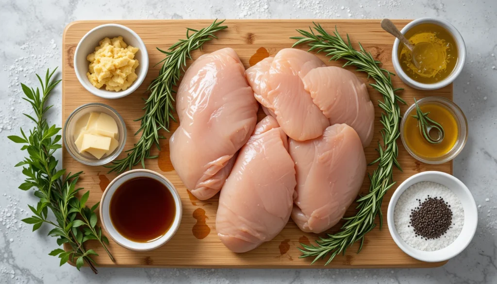 Fresh ingredients for baked balsamic chicken breast including raw chicken, balsamic vinegar, olive oil, garlic, honey, Dijon mustard, and rosemary on a rustic kitchen board.