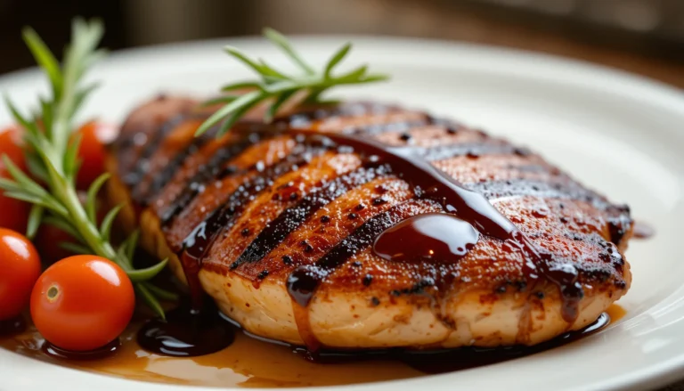 Juicy baked balsamic chicken breast with glossy balsamic glaze, served with fresh rosemary and cherry tomatoes on a white plate, healthy protein-packed dinner idea.