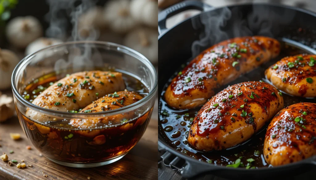 Balsamic chicken breasts marinating in vinegar, garlic, and herbs, then sizzling in a cast-iron skillet with bubbling balsamic glaze for a flavorful, healthy dinner recipe.