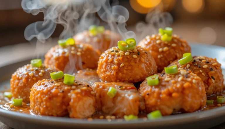Crispy bang bang salmon bites coated in spicy creamy sauce served on a plate.
