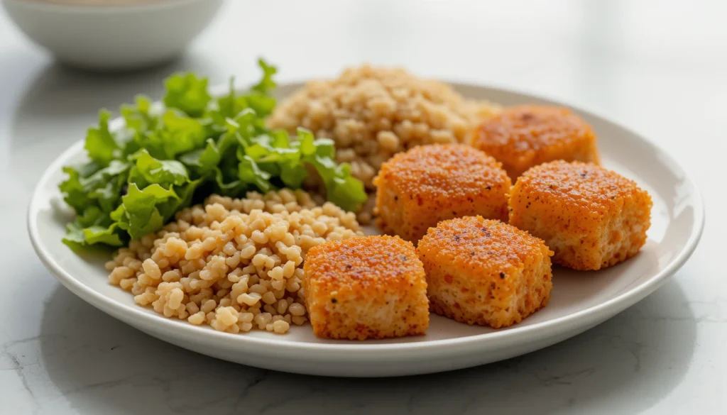 Crispy Bang Bang Salmon Bites: The Perfect Bite-Sized Appetizer 3 Balanced serving of bang bang salmon bites with salad and grains highlighting nutrition benefits.
