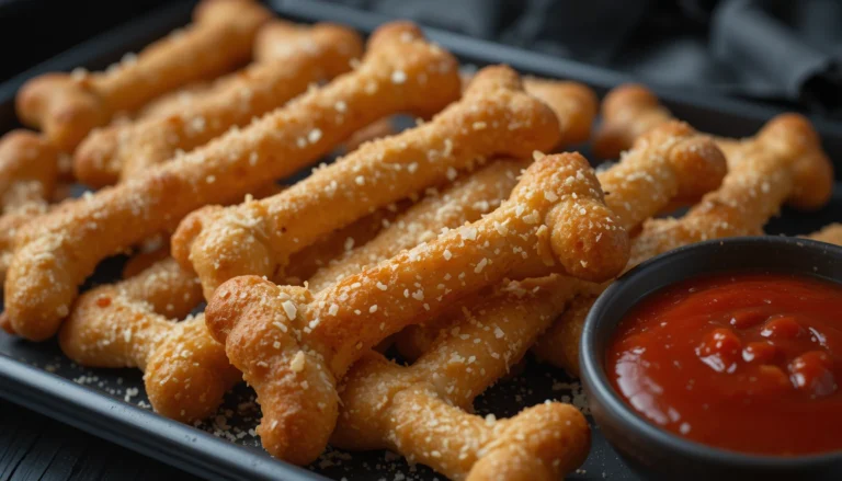 Golden baked breadstick bones shaped like spooky bones, served with marinara dipping sauce.