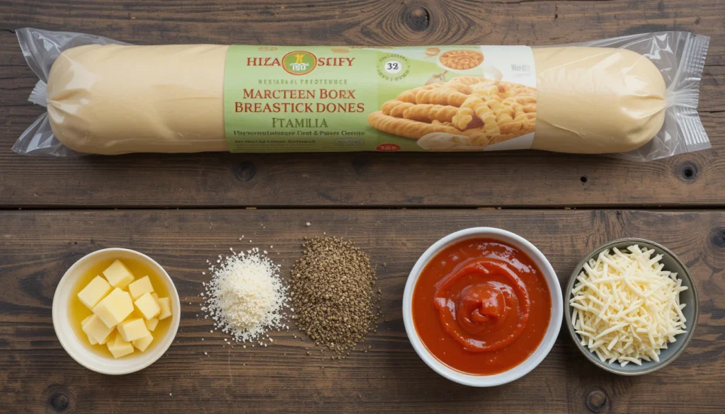 Ingredients for breadstick bones with pizza dough, butter, garlic powder, Italian seasoning, Parmesan, and marinara sauce.