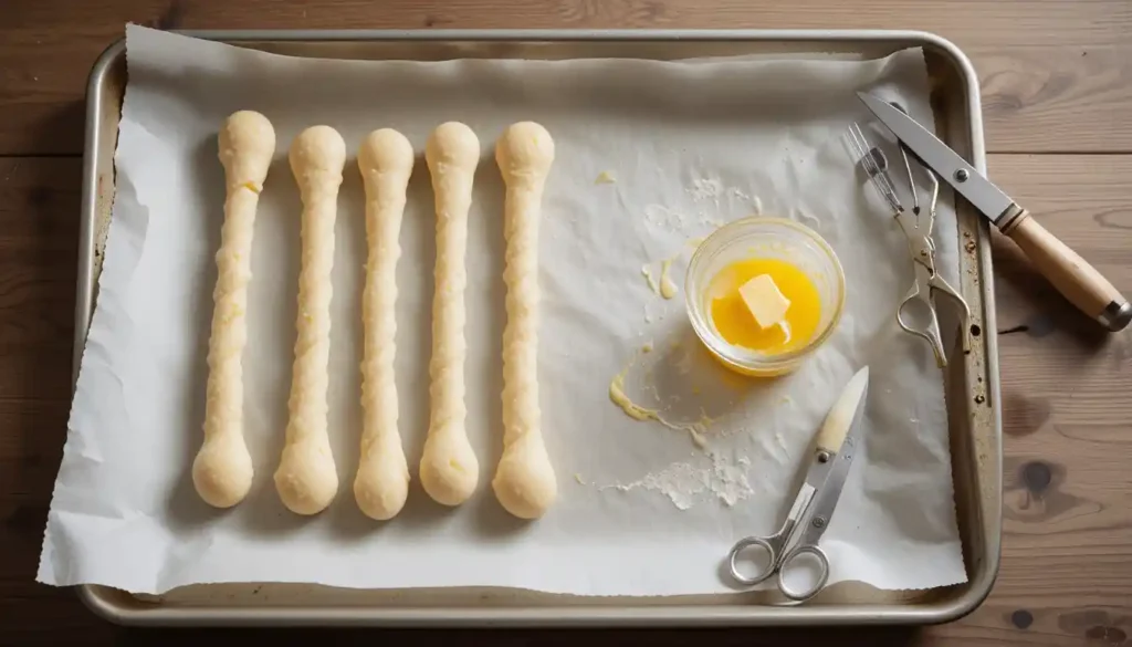 Kitchen tools for making breadstick bones including baking sheet, pastry brush, scissors, and butter bowl.
