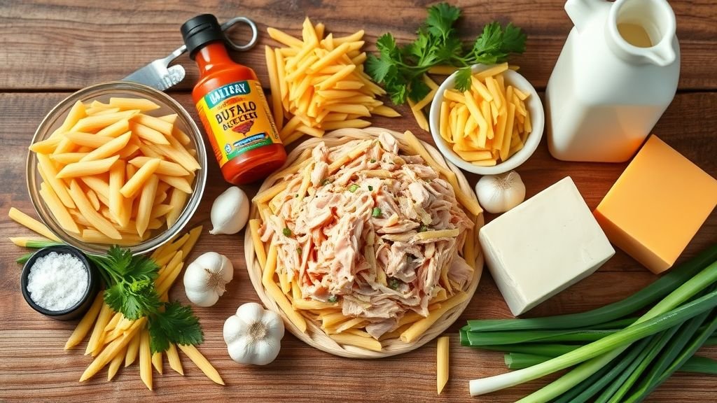 Creamy Buffalo Chicken Pasta Recipe 2 Fresh ingredients for creamy buffalo chicken pasta arranged beautifully on a table.