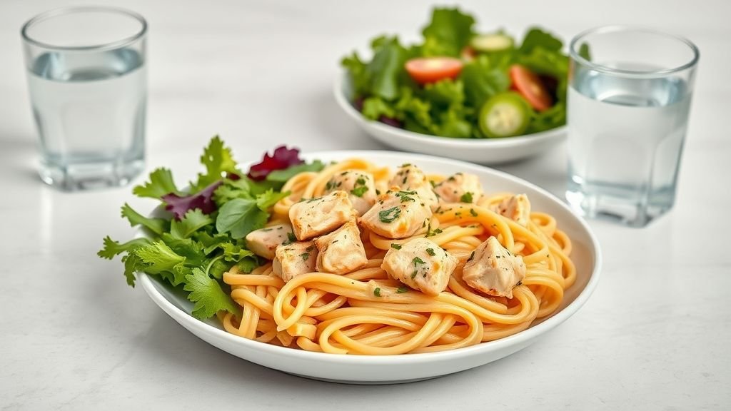 Creamy Buffalo Chicken Pasta Recipe 3 Balanced serving of creamy buffalo chicken pasta with salad and water showing nutritional balance.