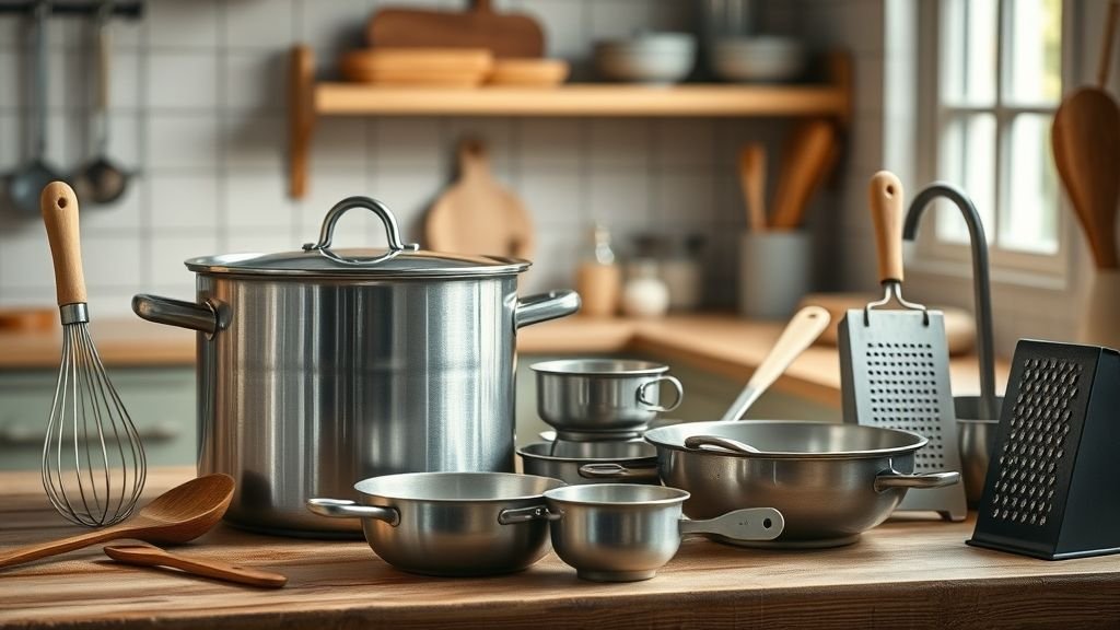 Creamy Buffalo Chicken Pasta Recipe 4 Essential kitchen tools for cooking creamy buffalo chicken pasta arranged on a counter.