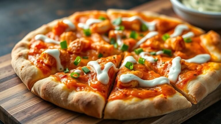 Close-up of freshly baked buffalo chicken pizza with melted cheese and spicy toppings.