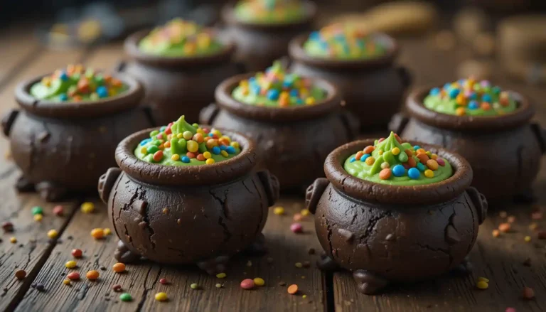 Freshly baked Cauldron Cookies decorated with green frosting and candy sprinkles, styled on a rustic wooden table.