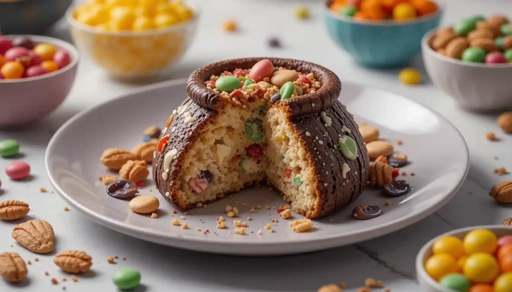 Cauldron Cookie cut in half on a plate showing inside texture with bowls of colorful candy and nuts around it.