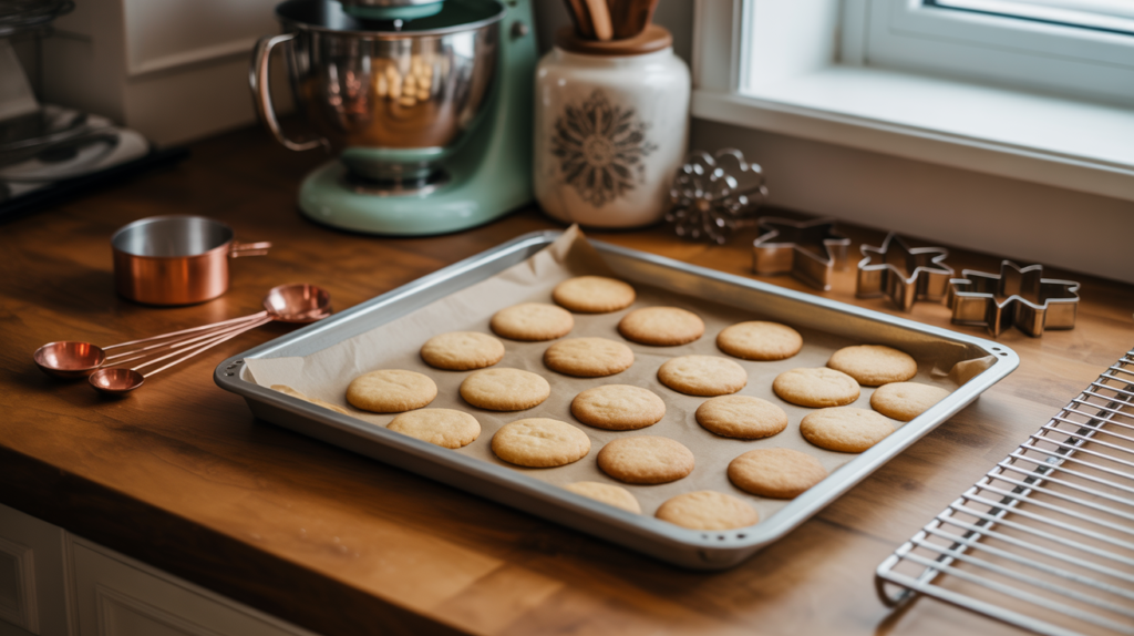 Baking tools for making Cauldron Cookies, including tray, bowls, mixer, and cookie cutters on a wooden surface.