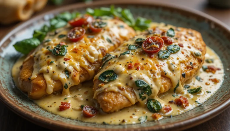 Plated Cheesy Tuscan Chicken with creamy parmesan sauce, spinach, and sun-dried tomatoes.