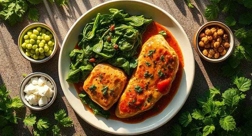 Portion of Cheesy Tuscan Chicken served with healthy ingredients highlighting protein and calcium benefits.