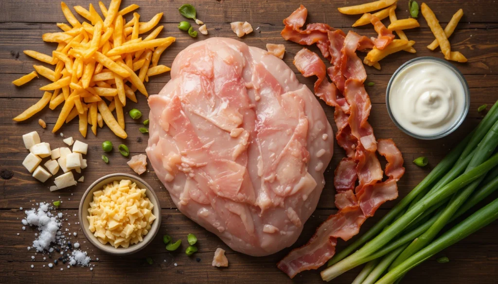 Chicken Bacon Ranch Fries: The Ultimate Loaded Comfort Food Recipe 2 Fresh ingredients for Chicken Bacon Ranch Fries arranged on a kitchen counter.