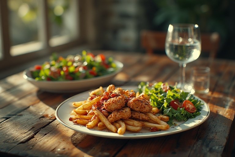 Chicken Bacon Ranch Fries: The Ultimate Loaded Comfort Food Recipe 3 Healthy portion of Chicken Bacon Ranch Fries served with fresh greens for a balanced meal.