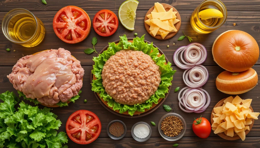 Top-down view of fresh ingredients for homemade chicken burgers, including ground chicken, buns, vegetables, cheese, and soft drink.