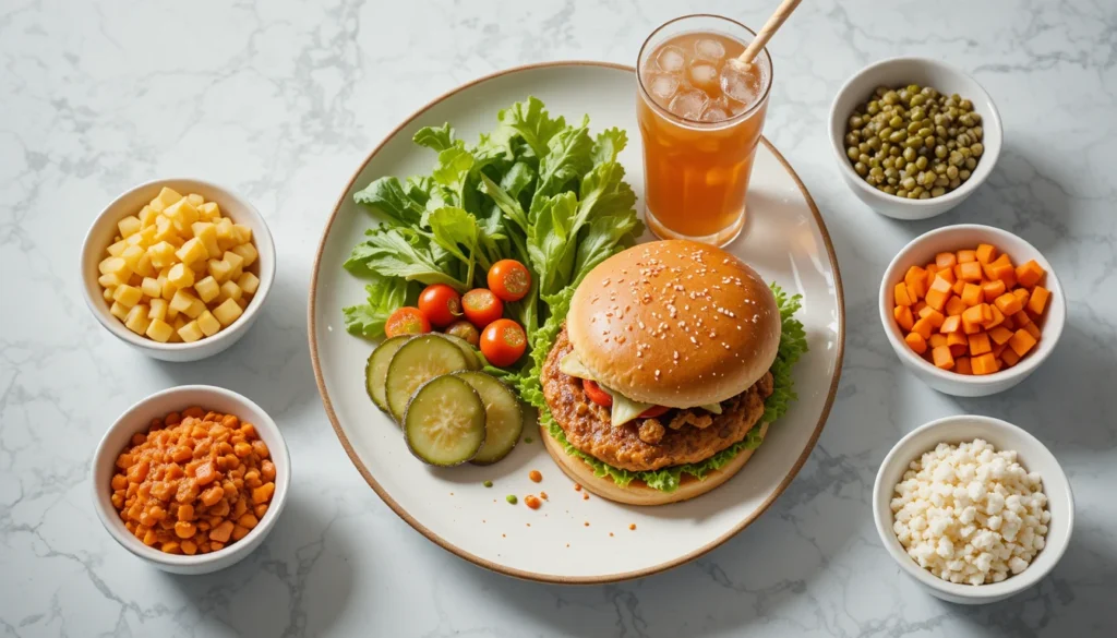 Healthy balanced plate featuring a chicken burger, salad, and soft drink, showcasing the meal’s nutritional benefits.