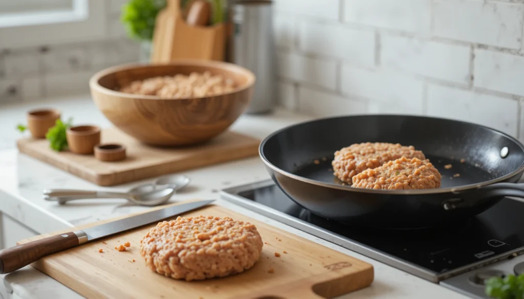Clean kitchen setup showing essential tools for making homemade chicken burgers, including pan, spatula, mixing bowl, and knife.