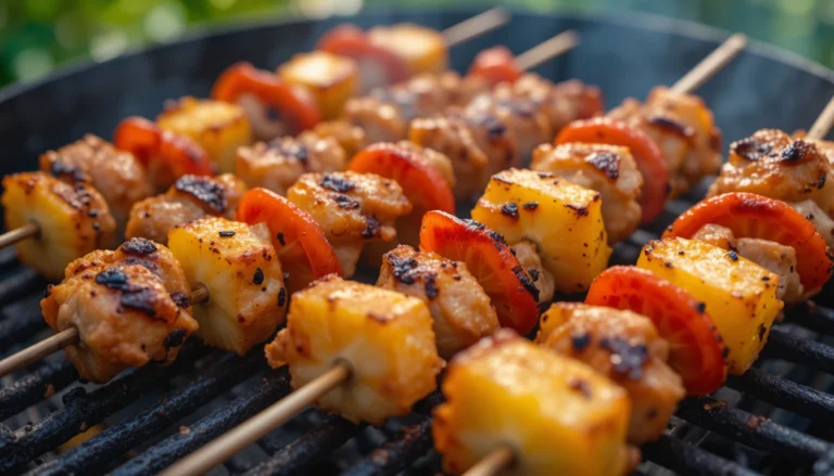 Grilled chicken pineapple kebabs with peppers and onions, perfectly charred and juicy.