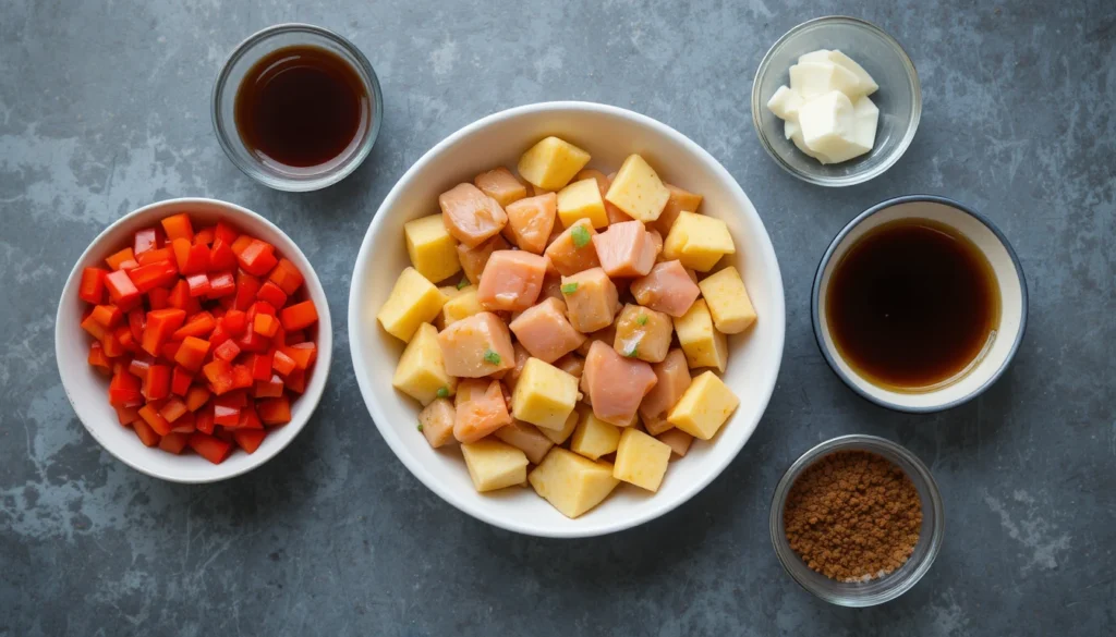 Fresh chicken, pineapple, peppers, onions, and marinade ingredients for chicken pineapple kebabs.