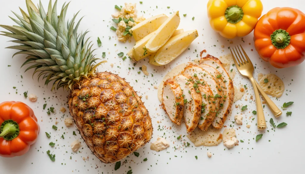 Healthy chicken pineapple kebabs ingredients highlighting protein, vitamins, and fiber benefits.
