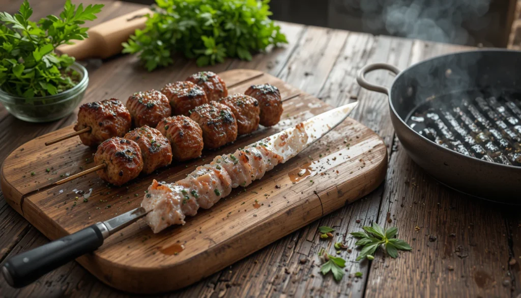 Skewers, knife, cutting board, and grill pan arranged for making chicken pineapple kebabs.