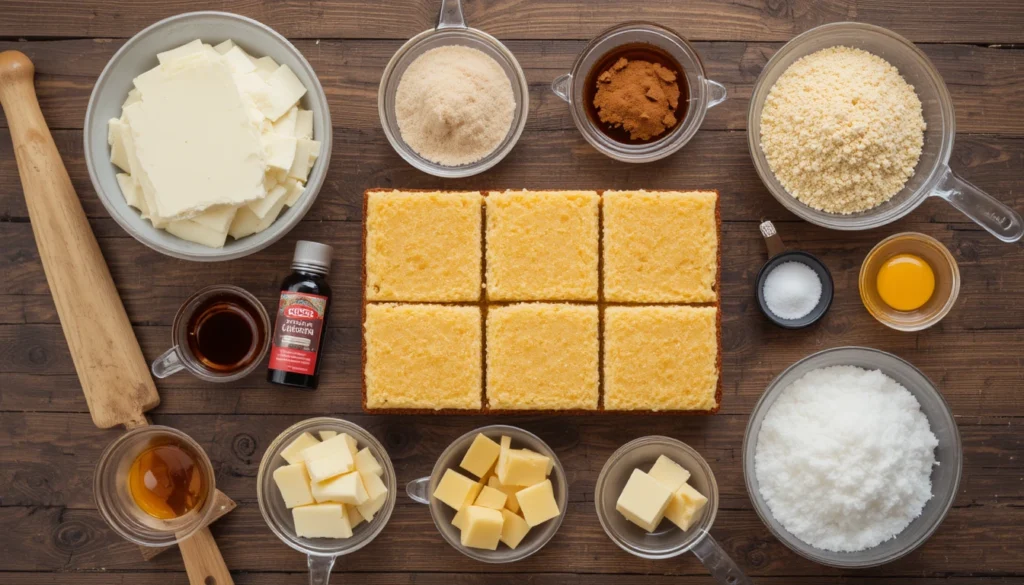 Fresh ingredients for churro cheesecake bars including cream cheese, cinnamon, sugar, crescent dough, and vanilla.