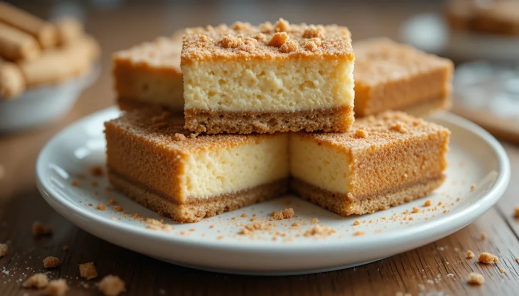 Golden, cinnamon-sugar churro cheesecake bars stacked on a plate with creamy cheesecake layers visible.